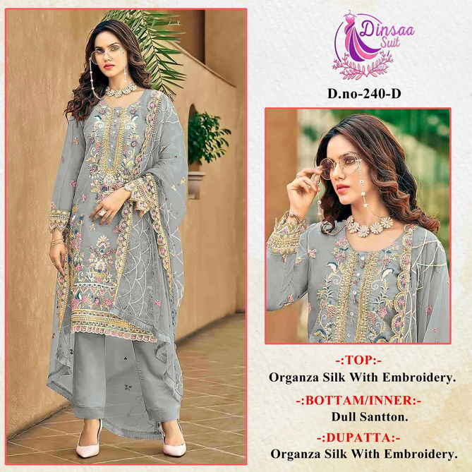 Dinsaa 240 A To D Embroidery Organza Pakistani Suits Wholesale Price In Surat
